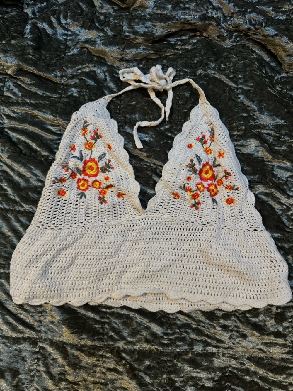 Crocheted White Halter Bralette with Floral Embroidery